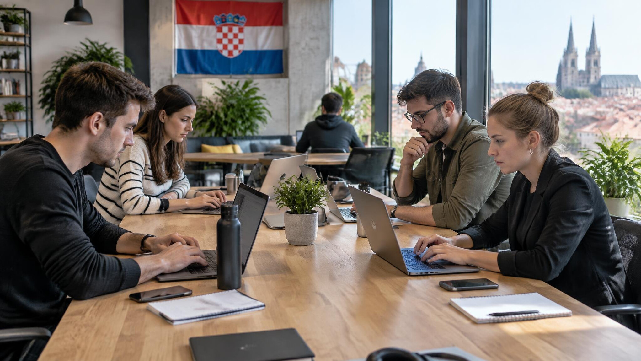 People working on laptops in a modern workspace