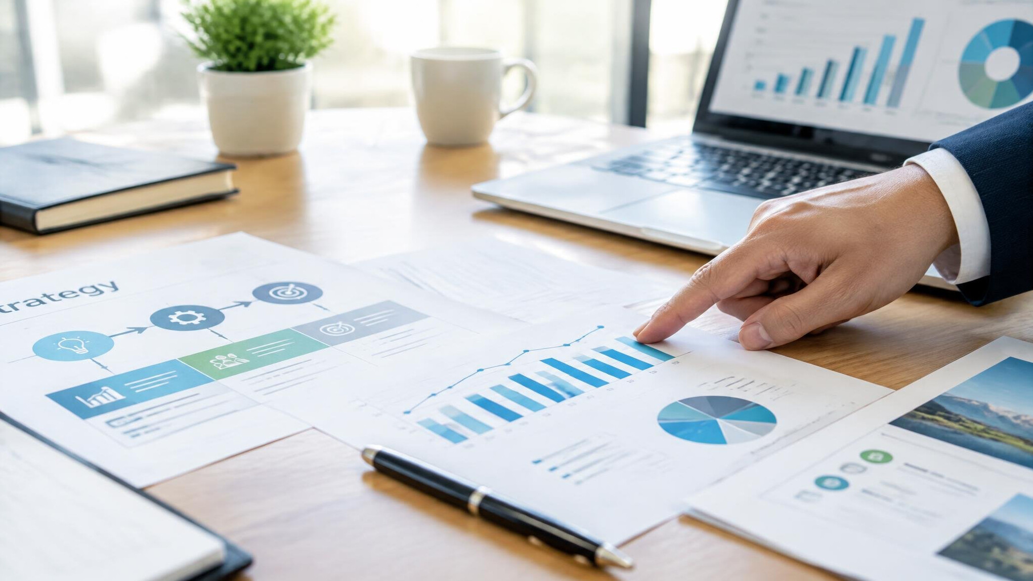 Documents, charts and a laptop on a desk for planning