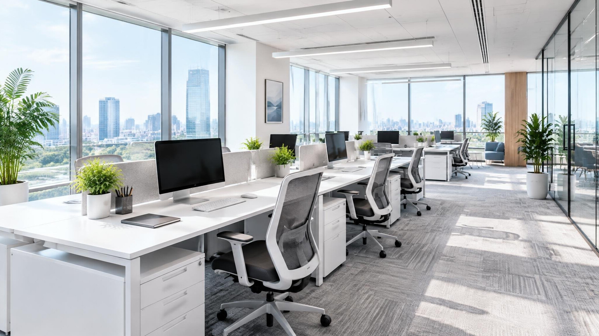 Bright modern office interior with desks and large windows